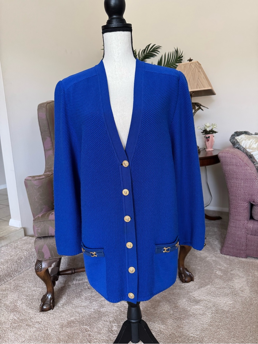 V-Neck Royal Blue Button-Front Cardigan with Pocket Detail